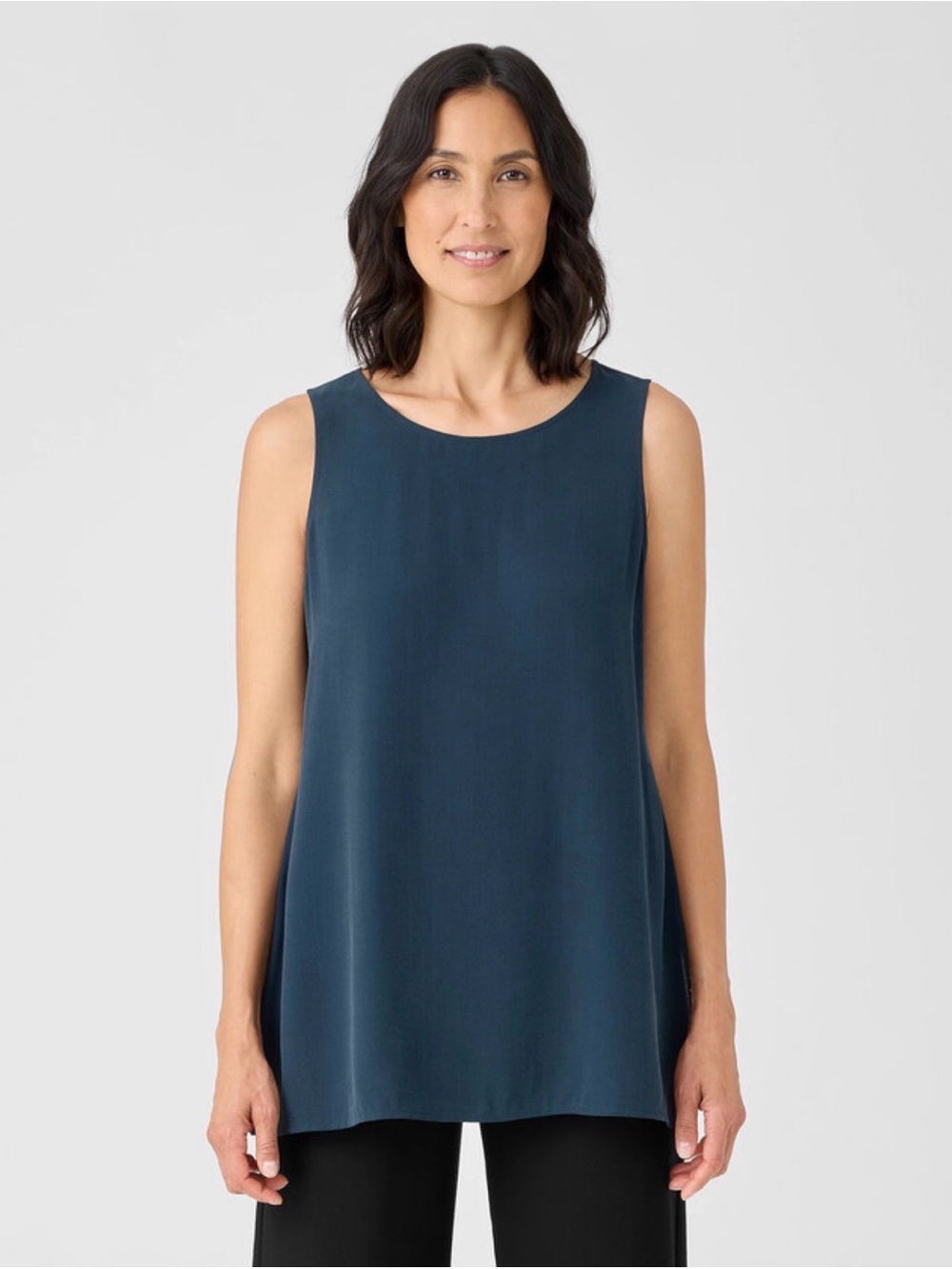 Eileen Fisher Silk Georgette Crepe Ballet Neck Long Tank/Tunic in Ocean